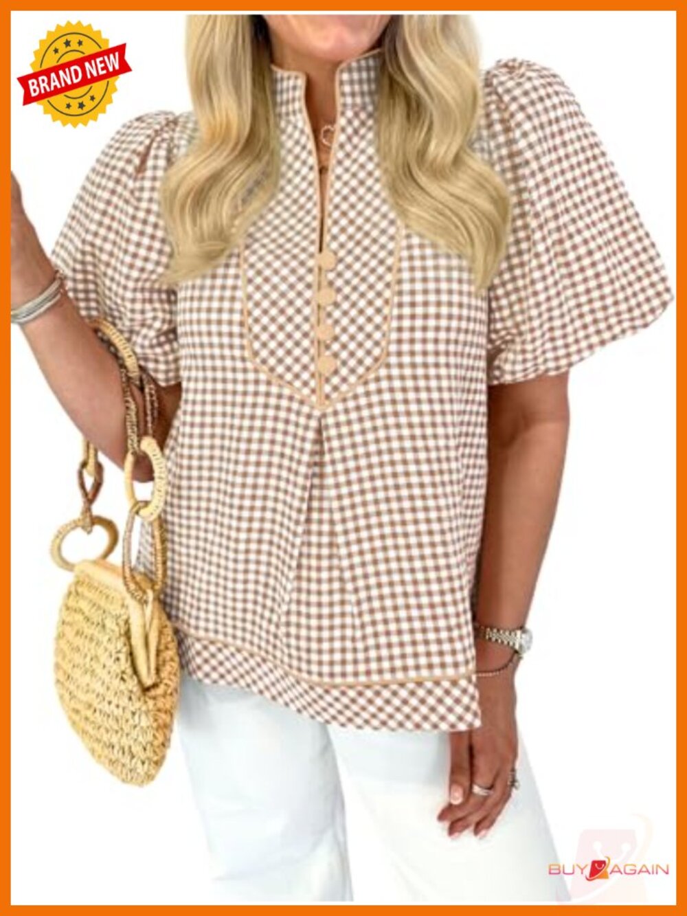 Gingham Puff Short Sleeve Button Down Blouse V Neck Plaid Top